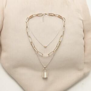 NEW 18 karat yellow gold plated triple layer lock and heart necklace jewelry B21